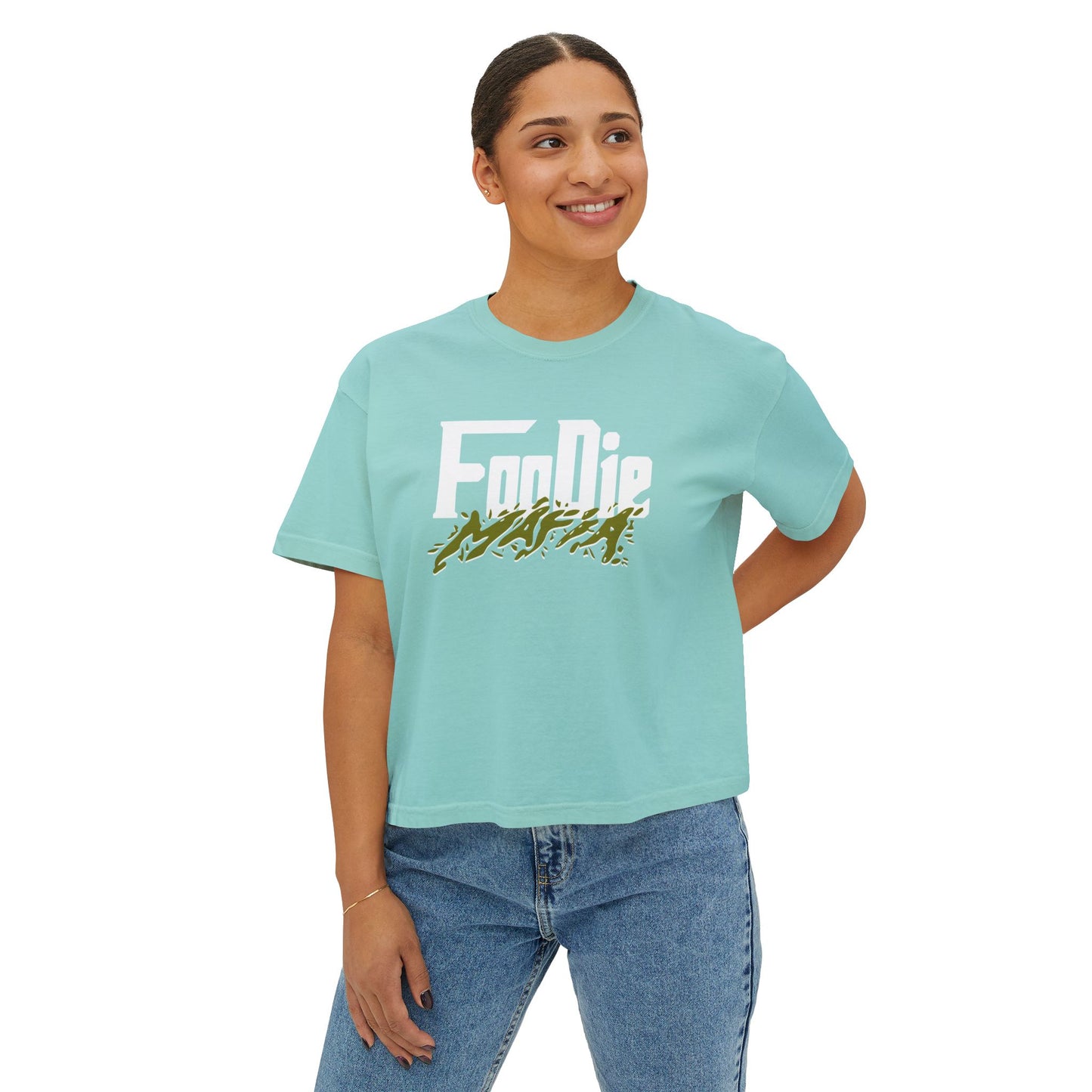 L.O.E.F White Foodie Mafia Women Boxy Tee (Olive Green)