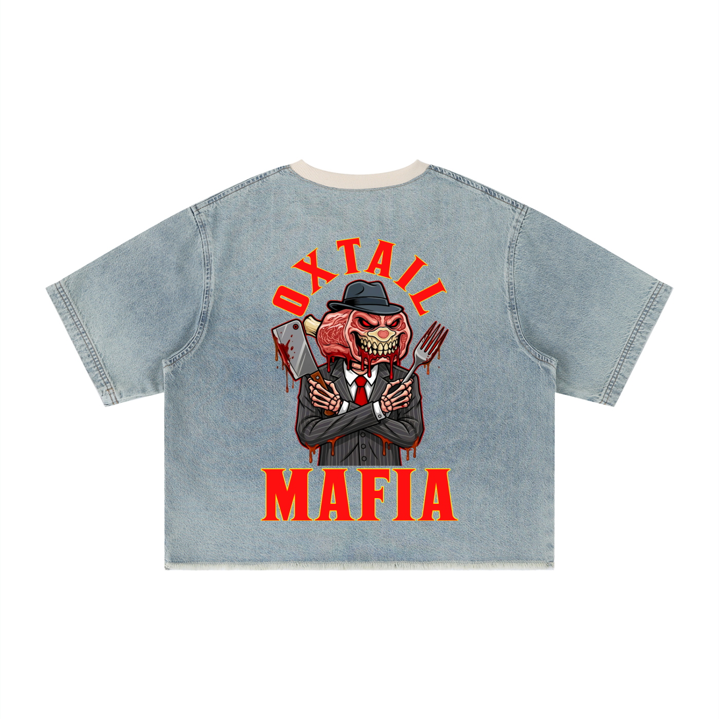 L.O.E.F Life Oxtail Mafia Unisex Vintage Wash Boxy Raw Hem Denim T-Shirt
