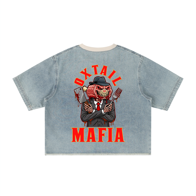L.O.E.F Life Oxtail Mafia Unisex Vintage Wash Boxy Raw Hem Denim T-Shirt