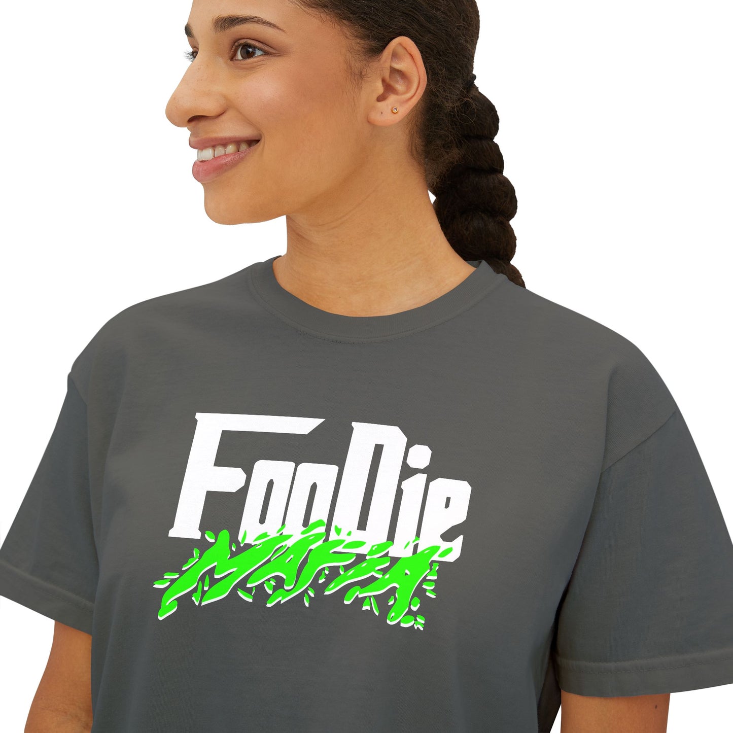 L.O.E.F White Foodie Mafia Women Boxy Tee (Neon Green)