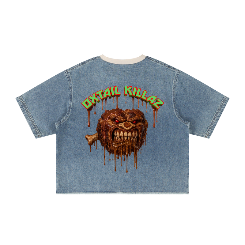 L.O.E.F Life Oxtail Killaz Unisex Vintage Wash Boxy Raw Hem Denim T-Shirt