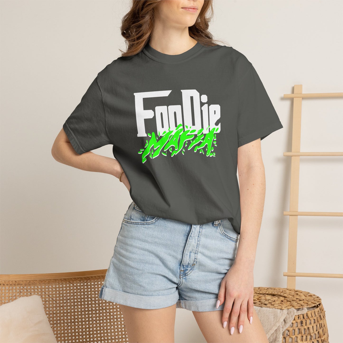 L.O.E.F White Foodie Mafia Unisex Tee Shirt (Neon Green)