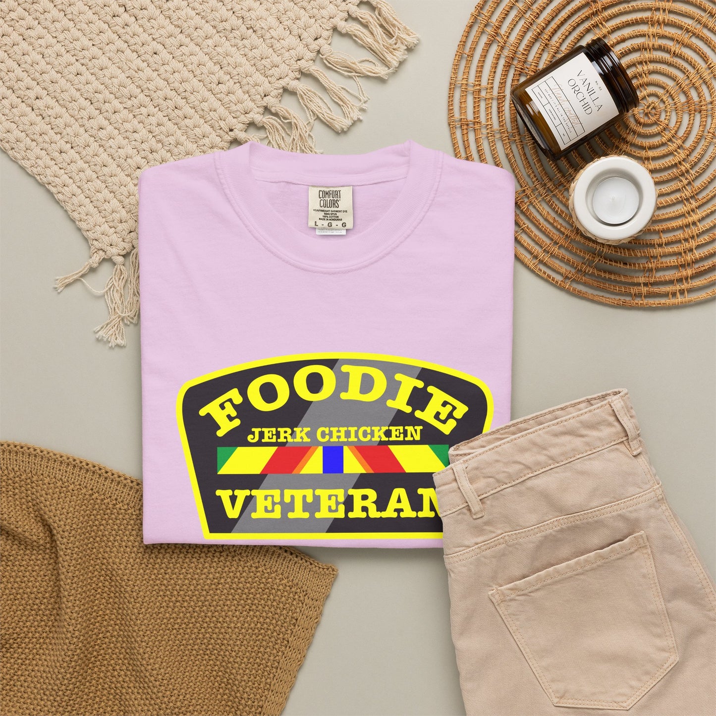 L.O.E.F Foodie Veteran JERK CHICKEN Unisex Tee Shirt (Yellow)