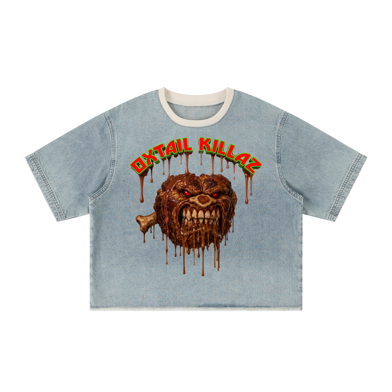 L.O.E.F Life Oxtail Killaz Unisex Vintage Wash Boxy Raw Hem Denim T-Shirt