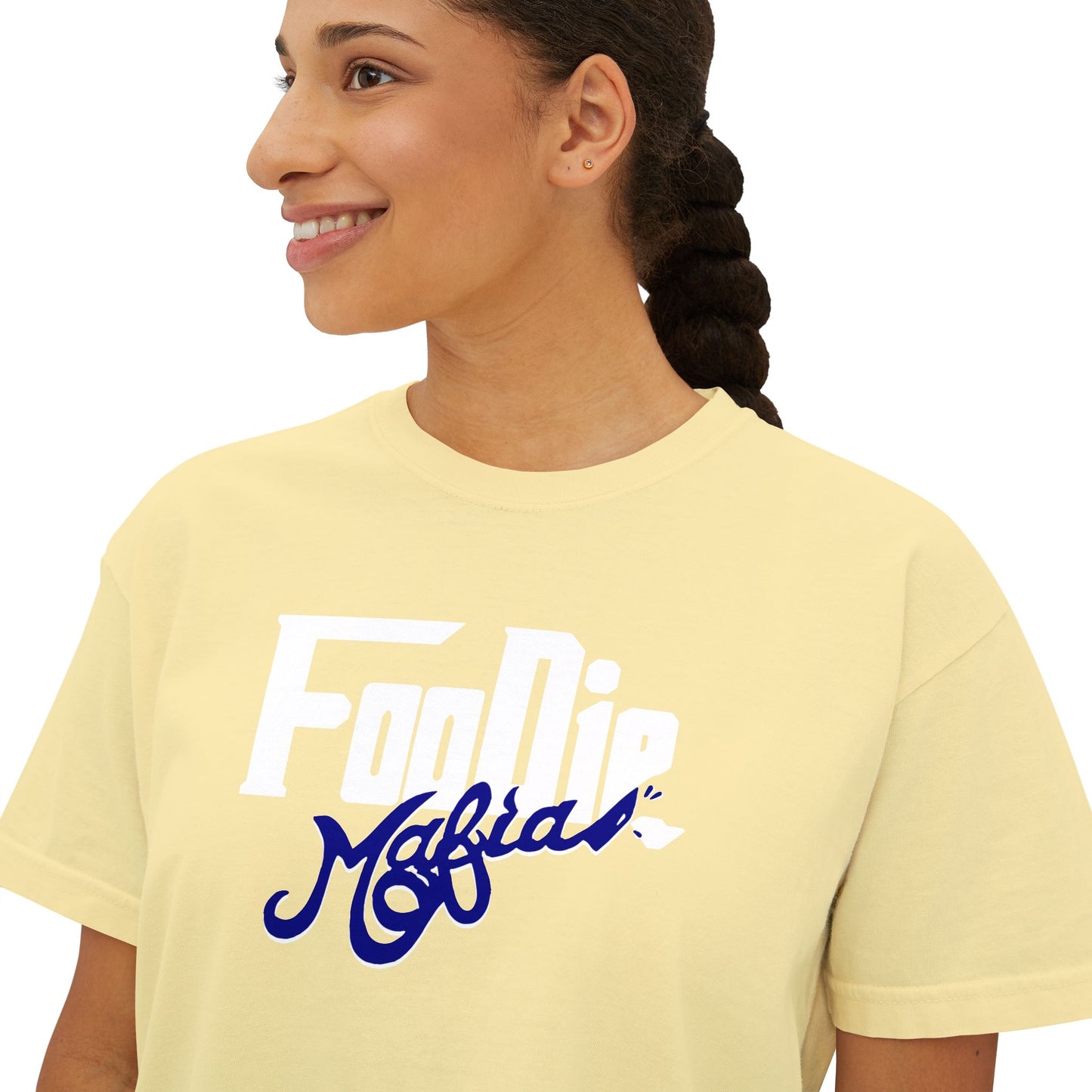 L.O.E.F White Foodie Mafia Women Boxy Tee (Dark Blue)