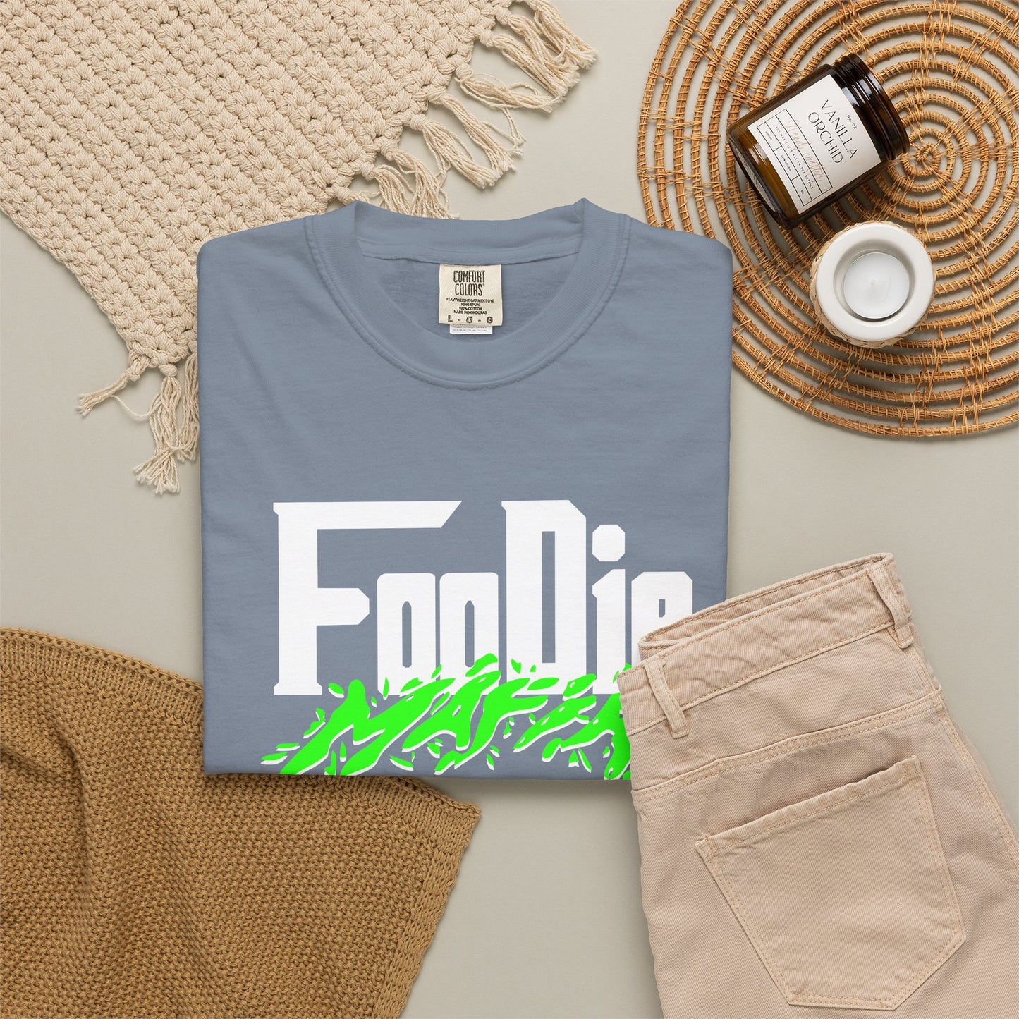 L.O.E.F White Foodie Mafia Unisex Tee Shirt (Neon Green)
