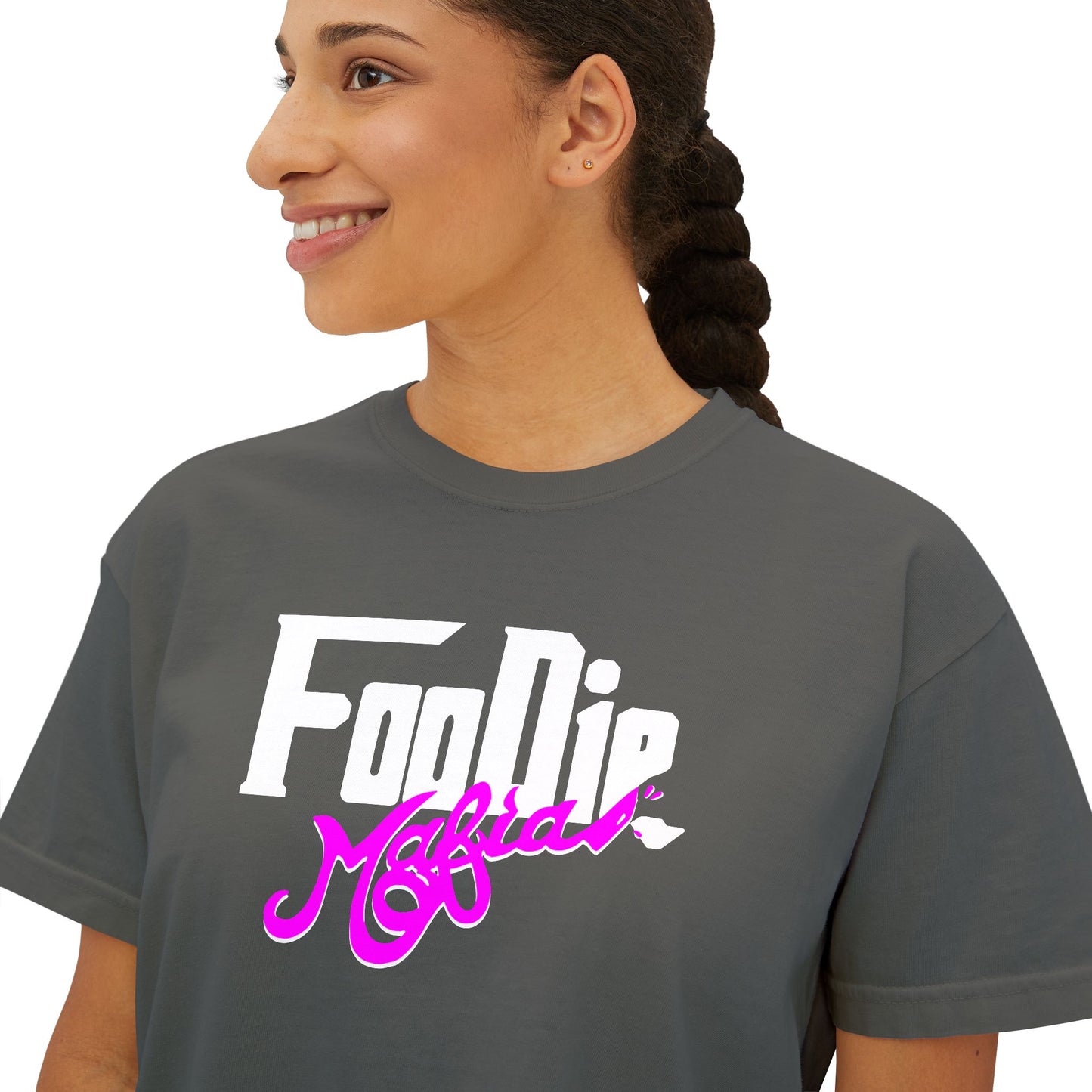 L.O.E.F White Foodie Mafia Women Boxy Tee (Fuchsia)