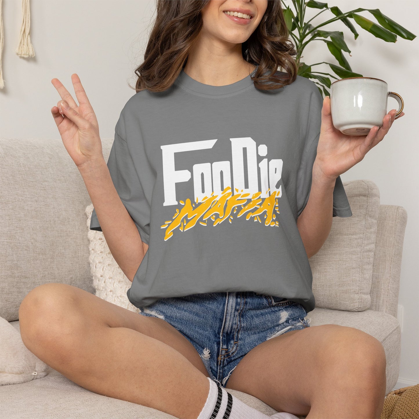 L.O.E.F White Foodie Mafia Unisex Tee Shirt (Mustard)