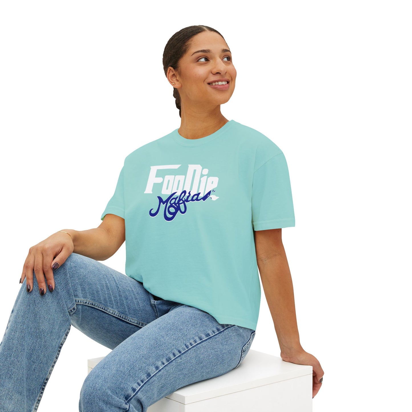 L.O.E.F White Foodie Mafia Women Boxy Tee (Dark Blue)