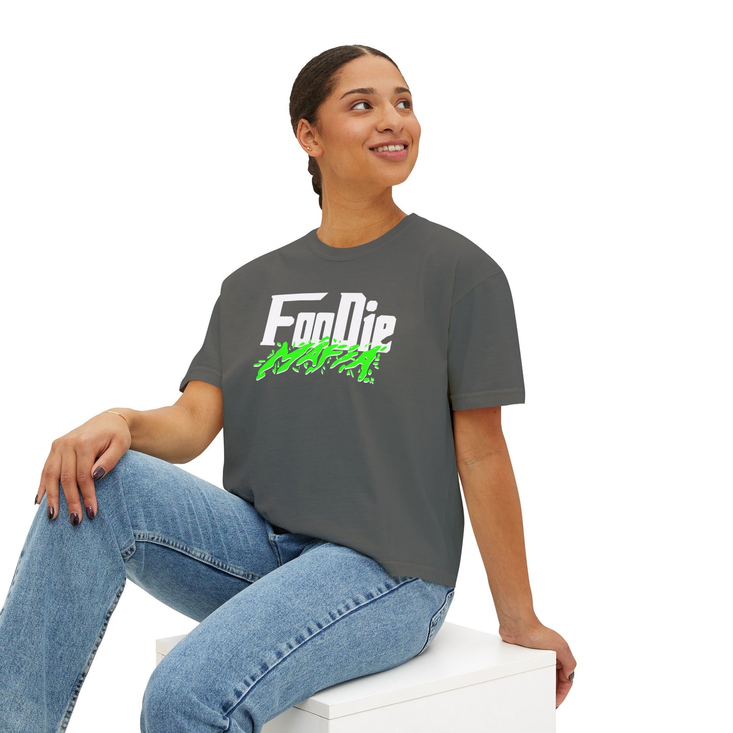 L.O.E.F White Foodie Mafia Women Boxy Tee (Neon Green)