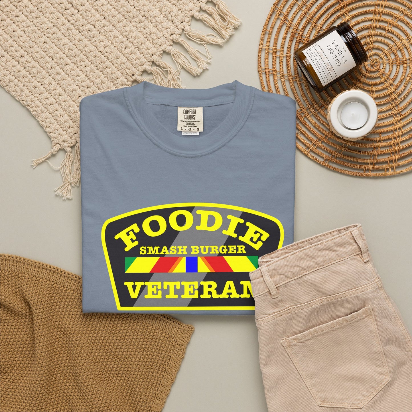 L.O.E.F Foodie Veteran SMASH BURGER Unisex Tee Shirt (Yellow)