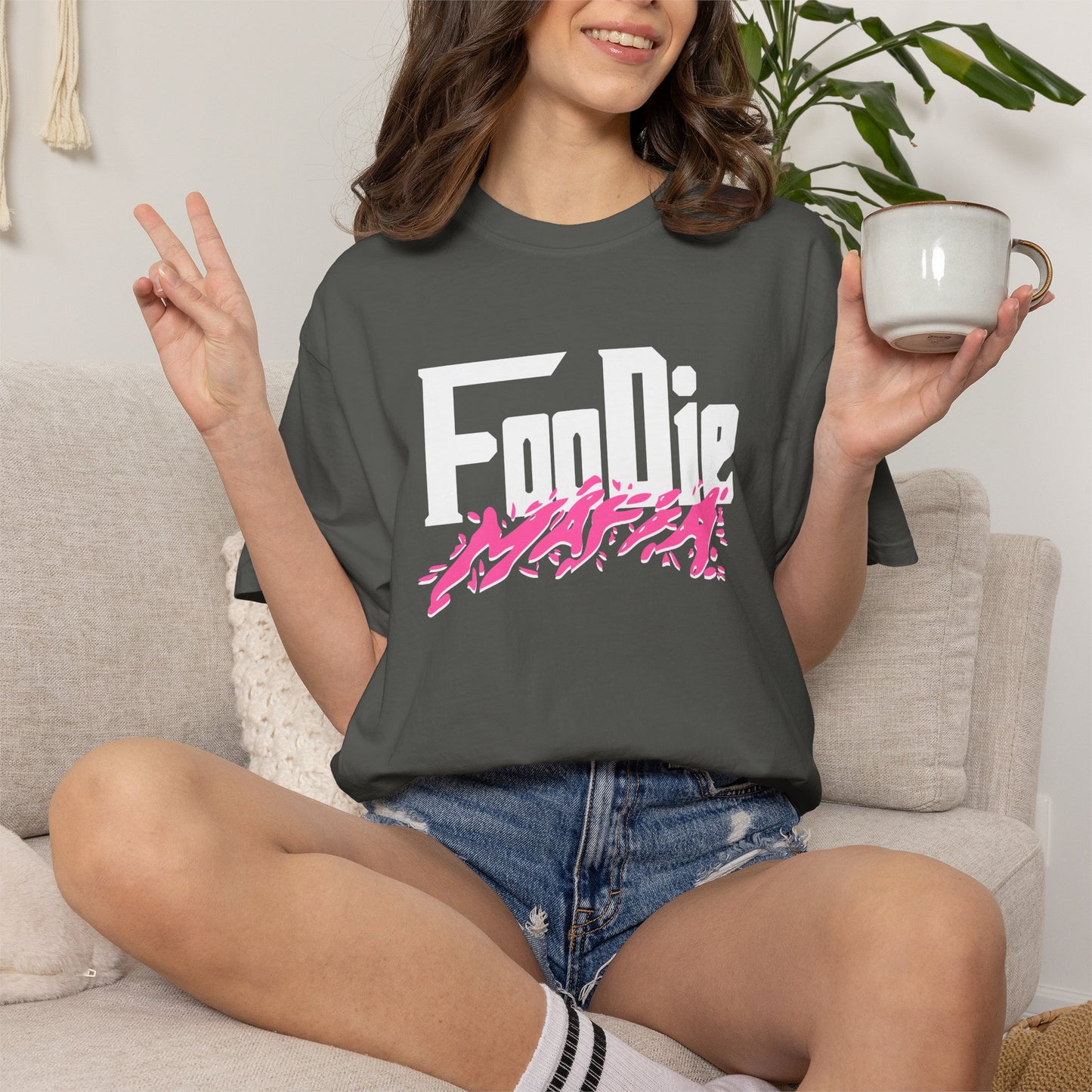 L.O.E.F White Foodie Mafia Unisex Tee Shirt (Hot Pink)