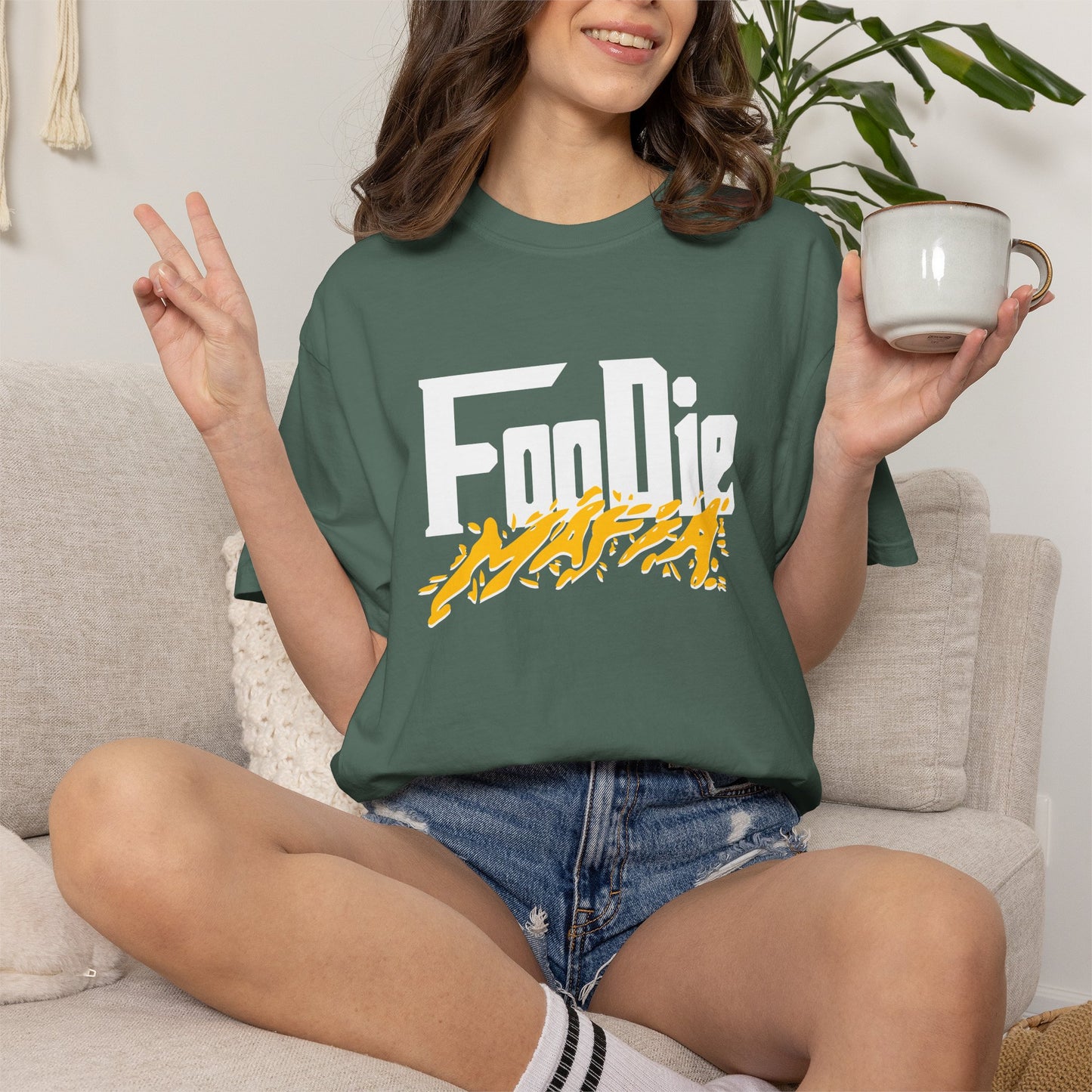 L.O.E.F White Foodie Mafia Unisex Tee Shirt (Mustard)