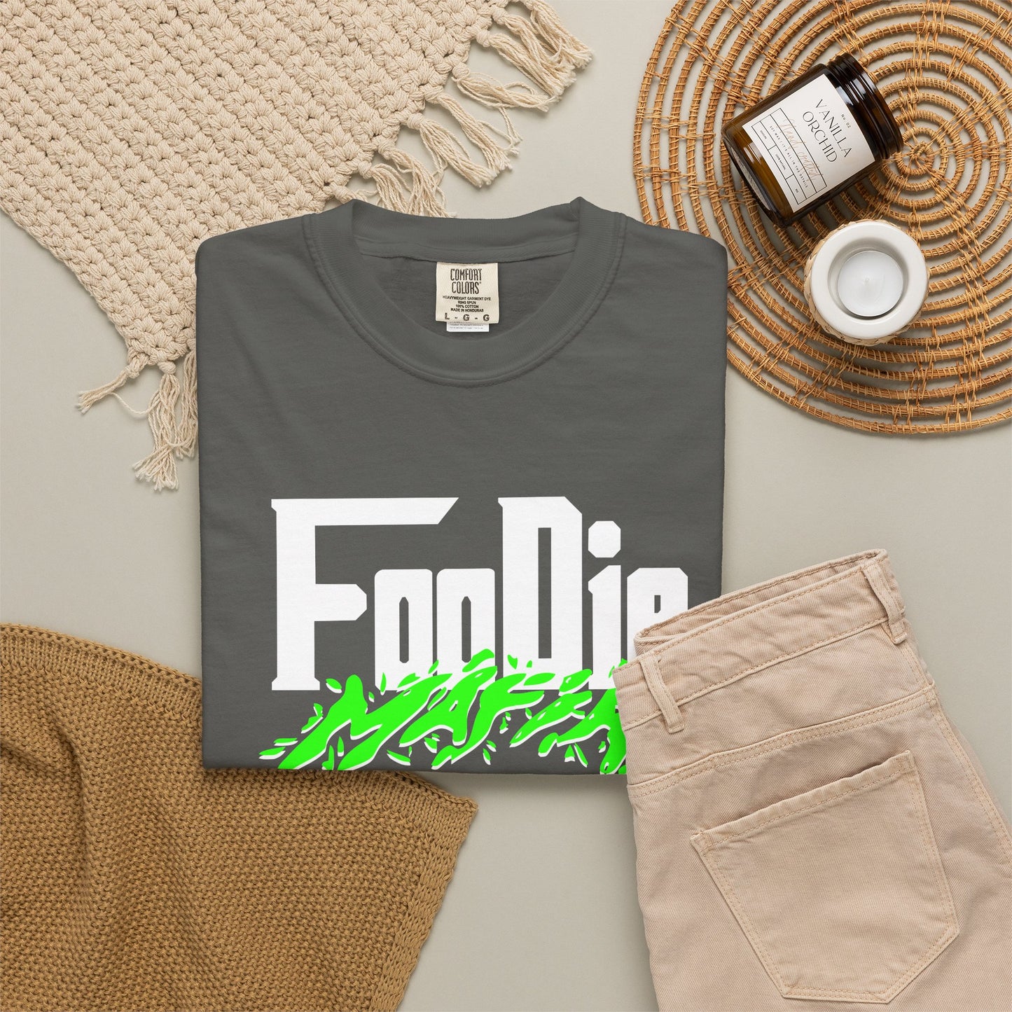 L.O.E.F White Foodie Mafia Unisex Tee Shirt (Neon Green)