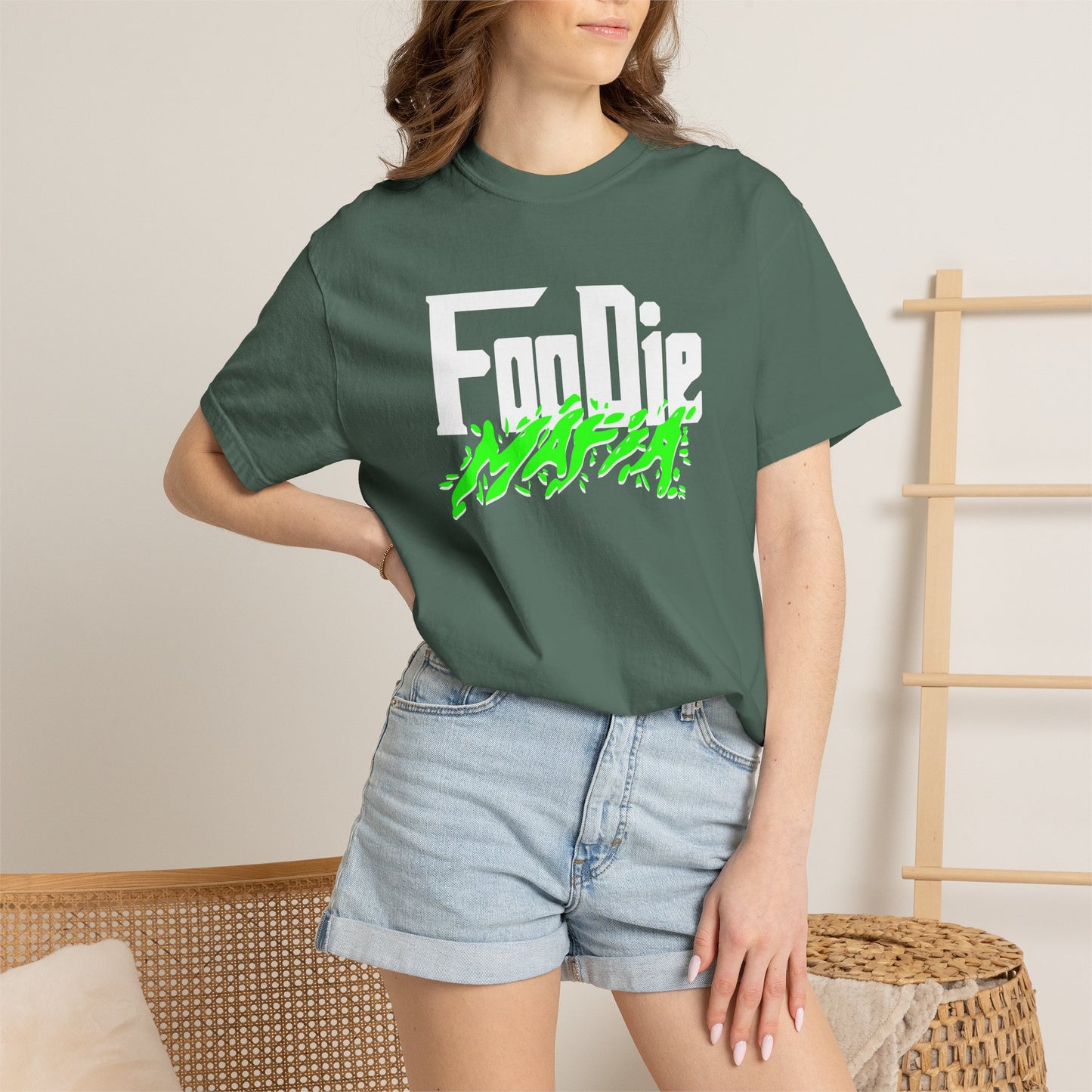 L.O.E.F White Foodie Mafia Unisex Tee Shirt (Neon Green)