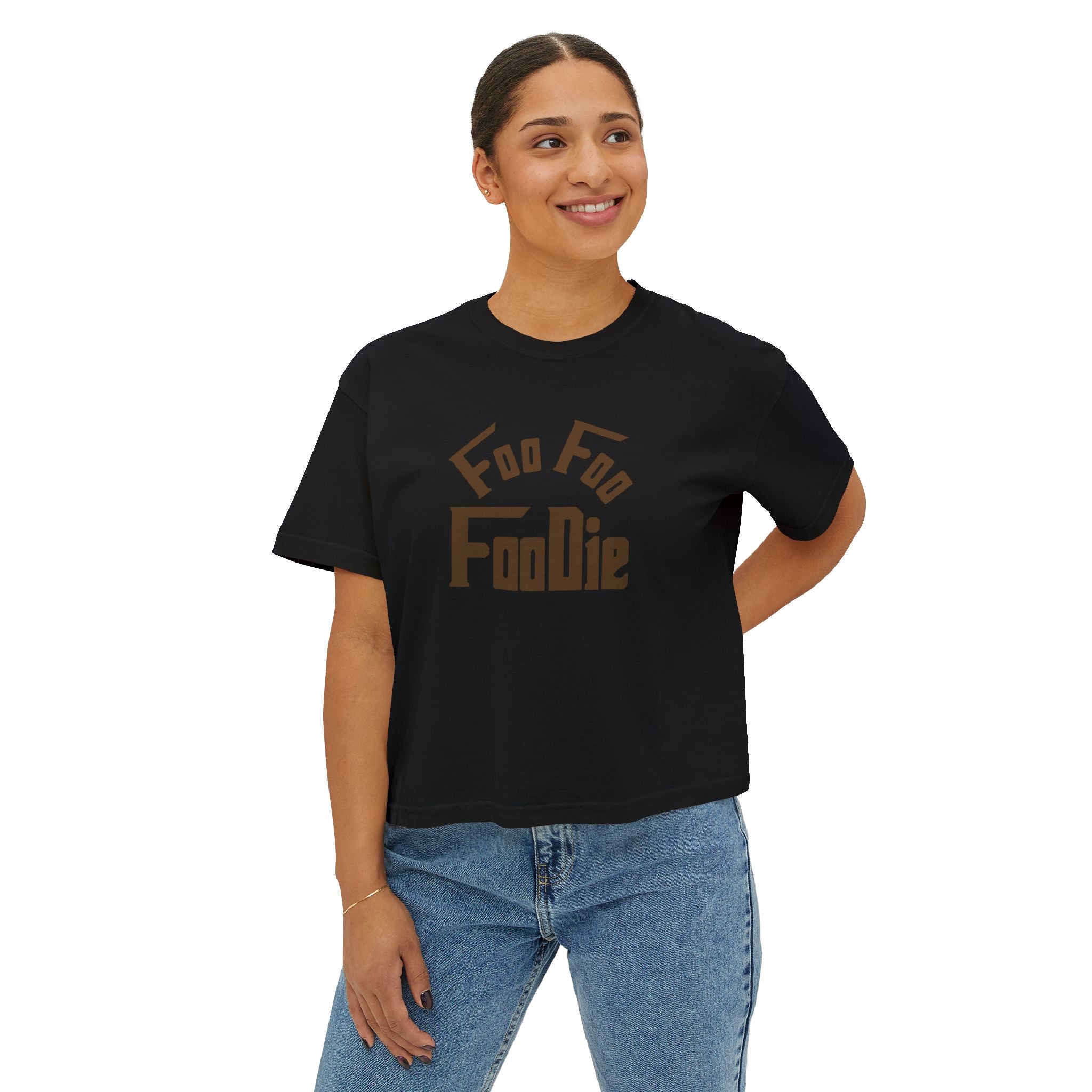L.O.E.F FOO FOO FOODIE Women Boxy Tee(Dark Brown)