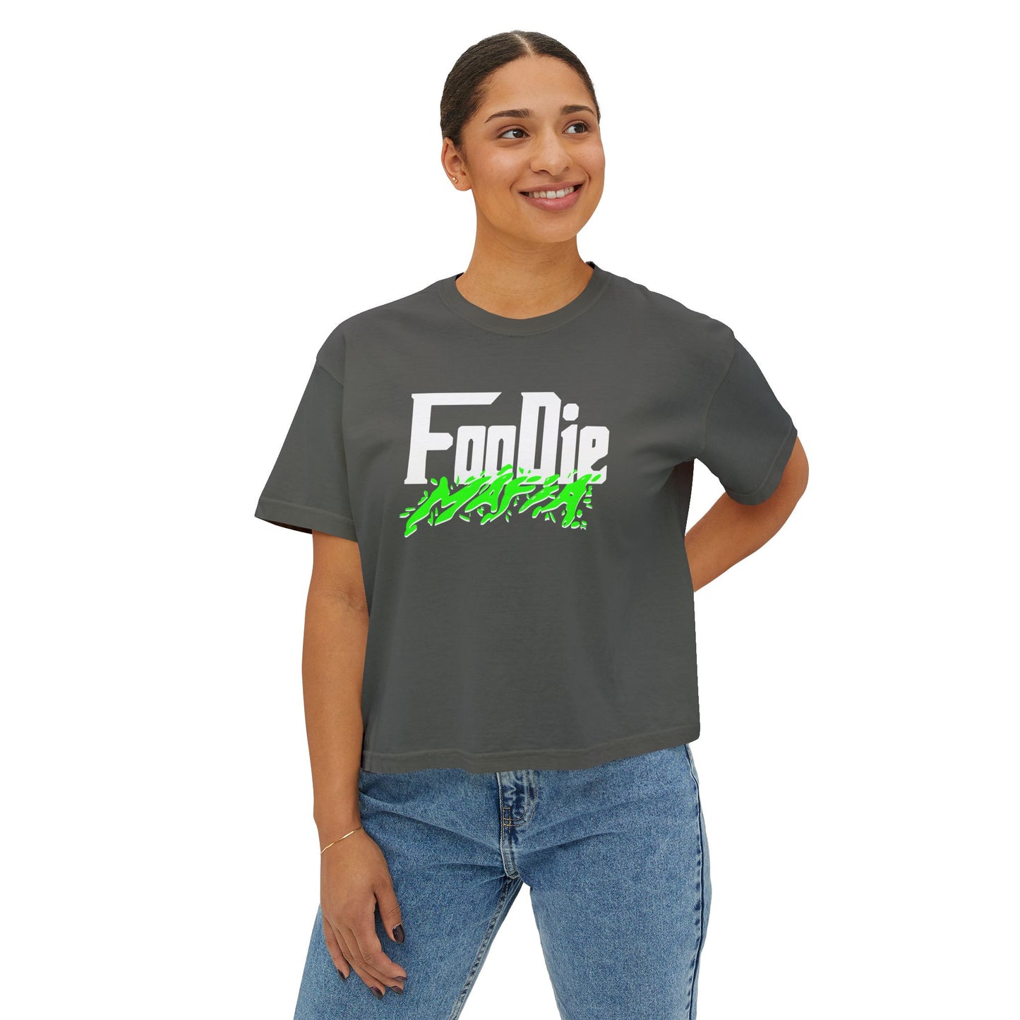 L.O.E.F White Foodie Mafia Women Boxy Tee (Neon Green)