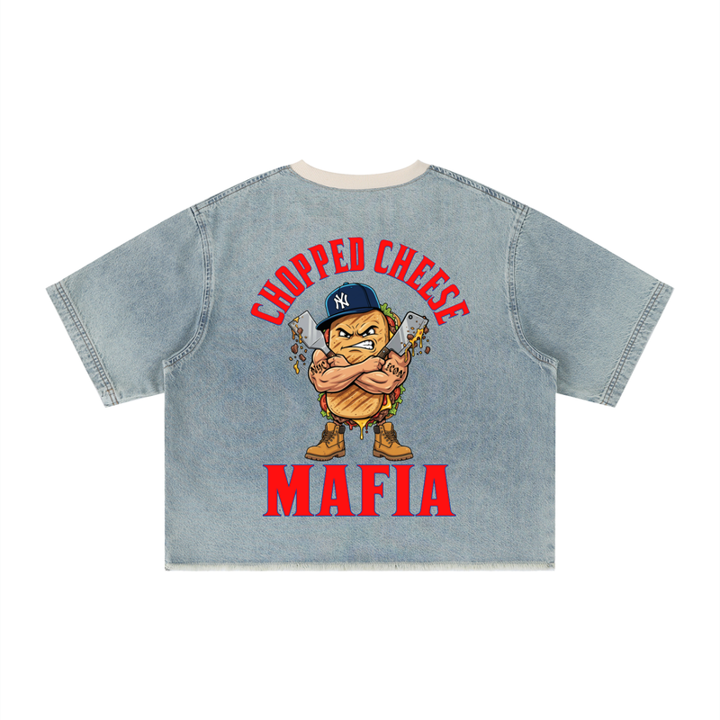L.O.E.F Life Chopped Cheese Unisex Vintage Wash Boxy Raw Hem Denim T-Shirt