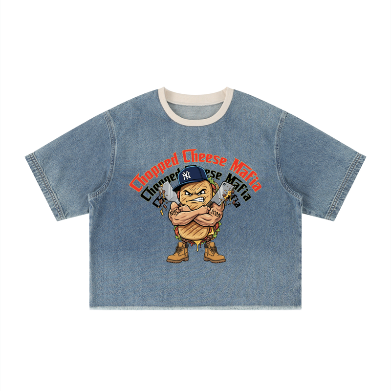 L.O.E.F. Life Chopped Cheese Unisex Vintage Wash Boxy Raw Hem Denim T-Shirt