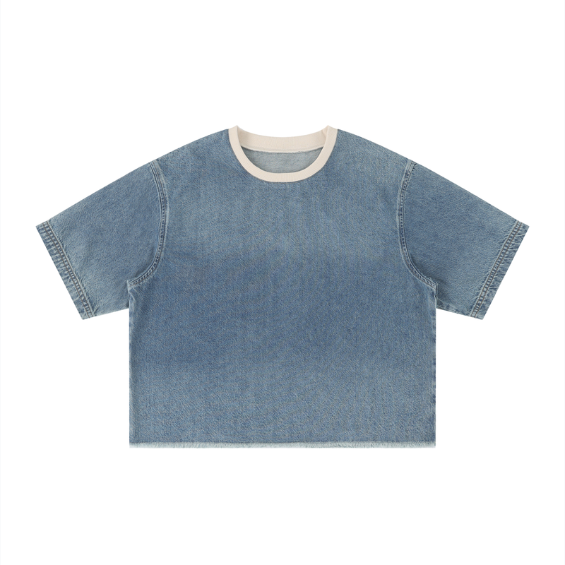 L.O.E.F Life Chopped Cheese Unisex Vintage Wash Boxy Raw Hem Denim T-Shirt